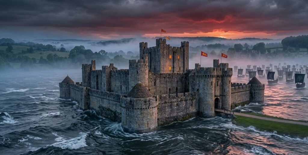 A wide shot of a powerful castle surrounded by a massive, choppy water moat, showing a fleet of enemy medieval ships on the far side A wide shot of a powerful castle surrounded by a massive, choppy water moat, showing a fleet of enemy medieval ships on the far side