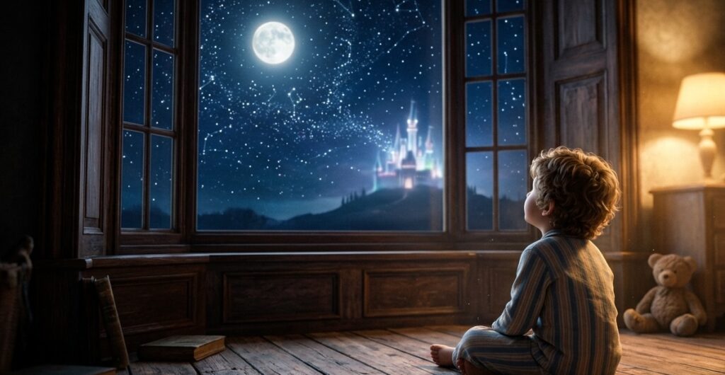A young child sitting on a vintage wooden floor, looking out of a grand window at a starry night sky
