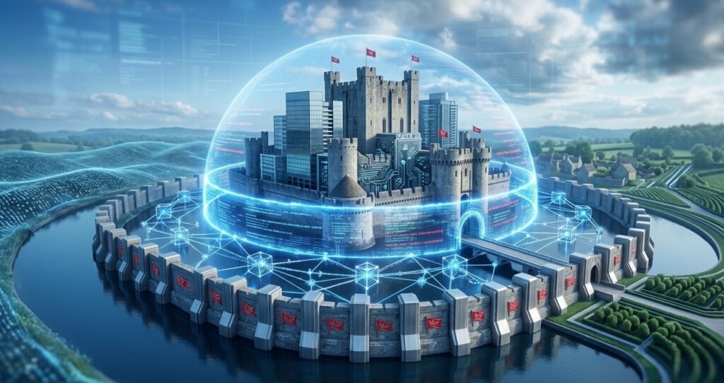 An abstract conceptual image of a fortress that represents a business, surrounded by multiple layers of defenses