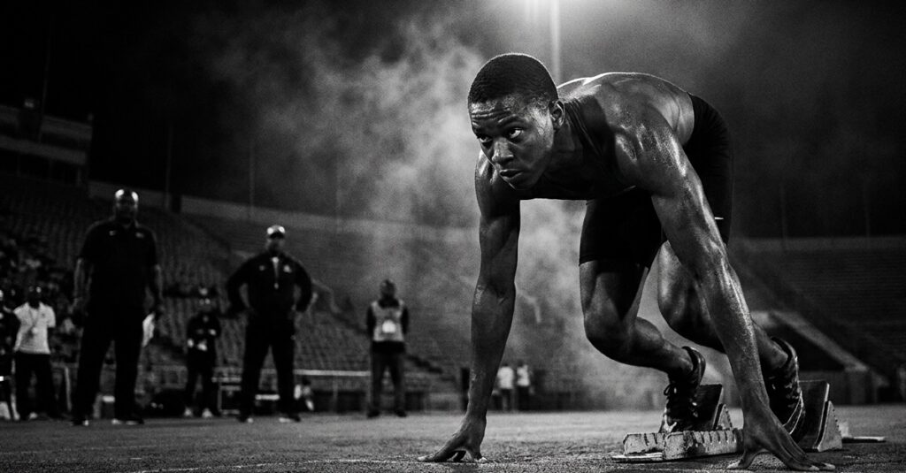An athlete at the starting line under a single harsh stadium spotlight, sweat glistening on their skin, fierce focus in the eyes
