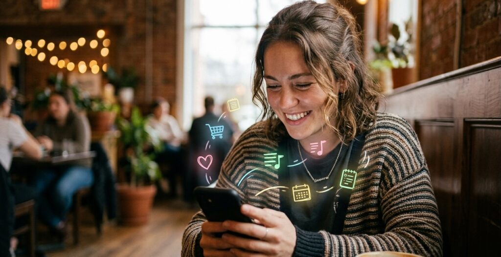 An intimate, candid photograph of a smiling user looking at their smartphone in a cozy cafe An intimate, candid photograph of a smiling user looking at their smartphone in a cozy cafe