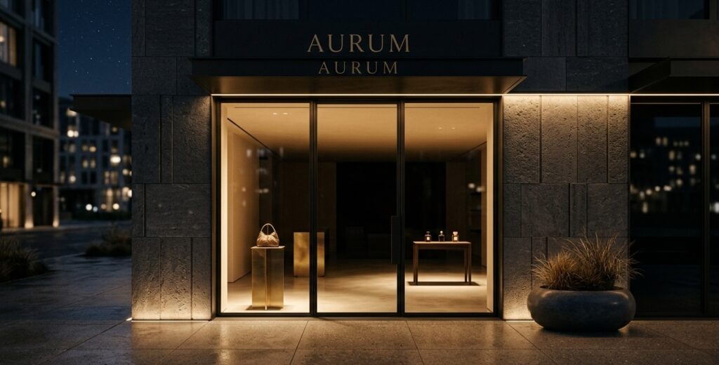 Architectural shot of the entrance to an ultra-modern, understated luxury boutique at night
