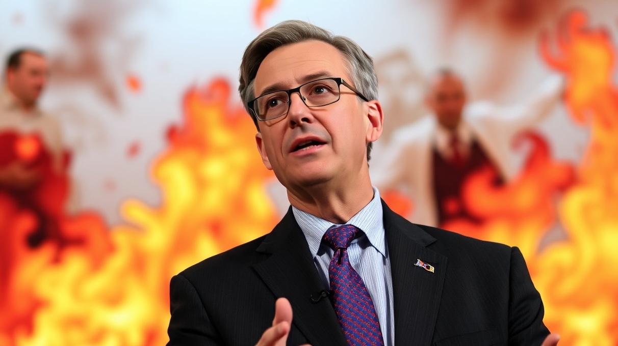 CEO speaks in front of crisis background