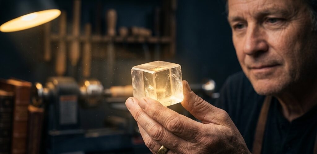 Close-up portrait of a thoughtful artisan's hand holding a single, flawless raw crystal cube