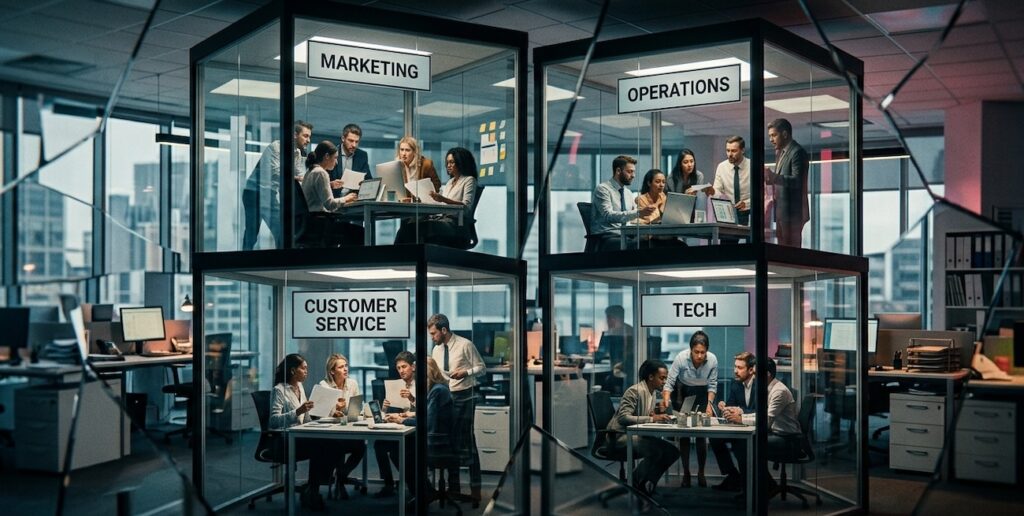 Four separate glass 'silos' (office cubes) are visible, labeled with signs (Marketing, Operations, Customer Service, Tech) Four separate glass 'silos' (office cubes) are visible, labeled with signs (Marketing, Operations, Customer Service, Tech)