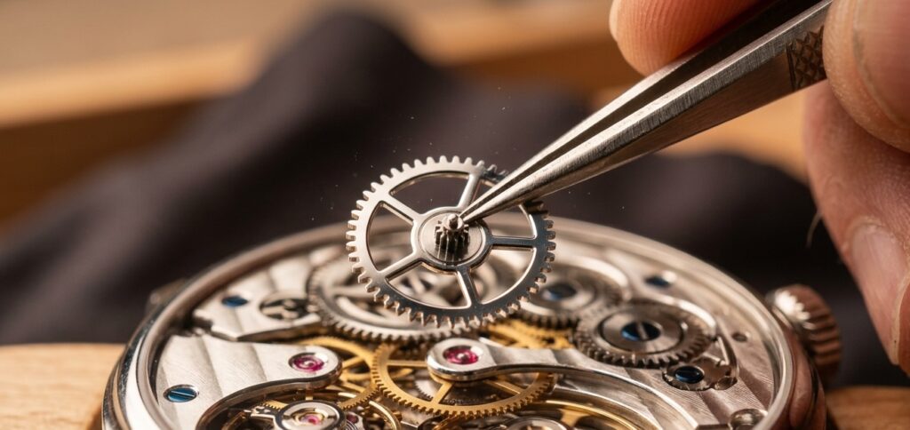 Macro shot of an unseen watchmaker's hands using tweezers to place a tiny, intricate, polished steel gear onto a luxury watch movement