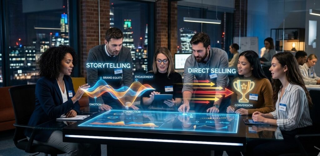 Marketing team discussing about storytelling and direct selling