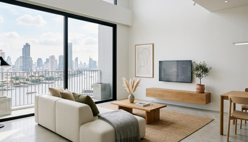 Minimal design living room in condominium Minimal design living room in condominium