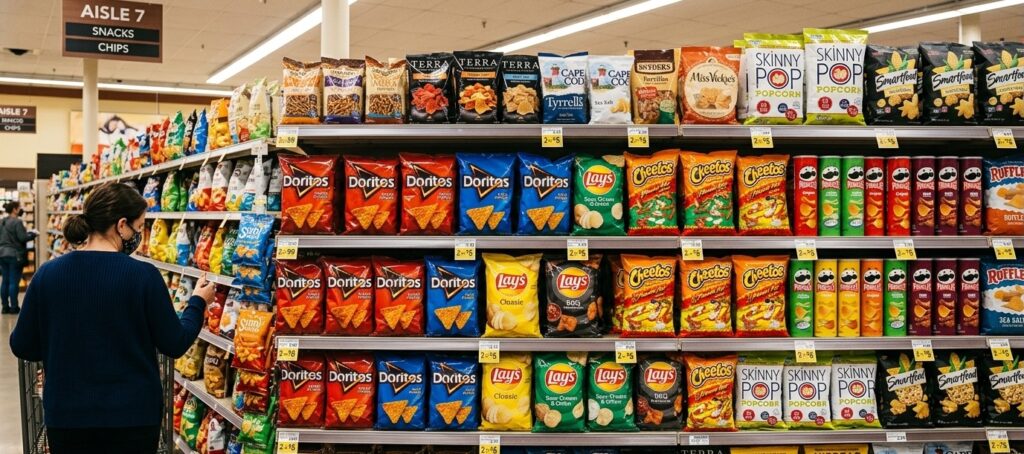 Supermarket shelf full of snacks Supermarket shelf full of snacks