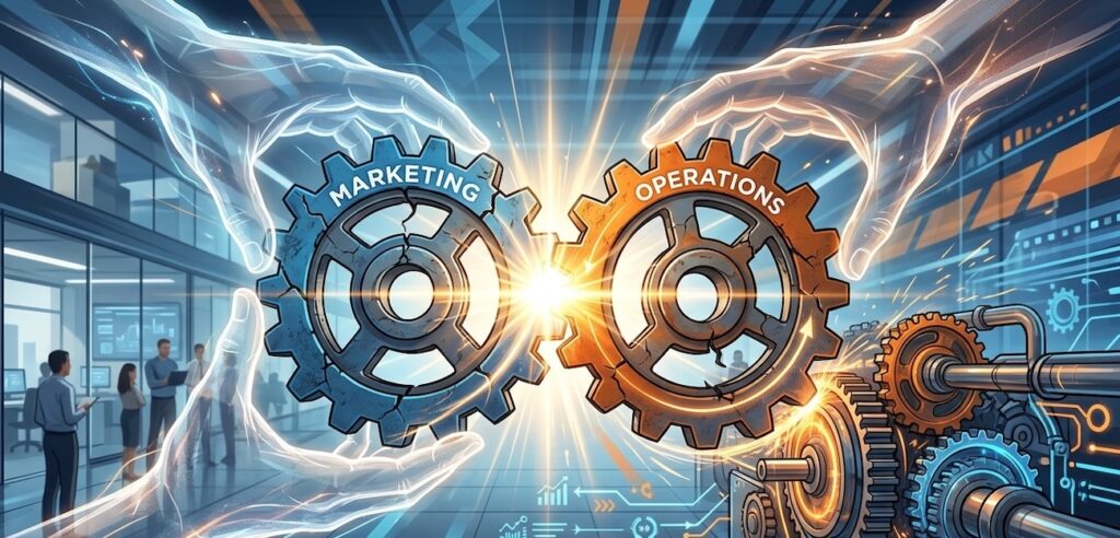 Two separate, broken gears (representing Marketing and Operations) Two separate, broken gears (representing Marketing and Operations)