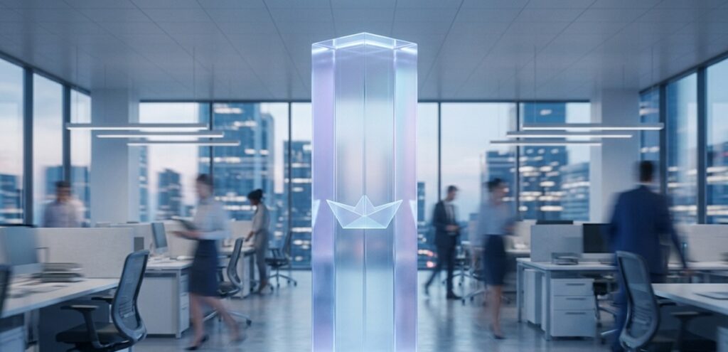 a glowing, unbreakable crystalline pillar standing firmly in the center of a fast-moving, blurry modern city office environment