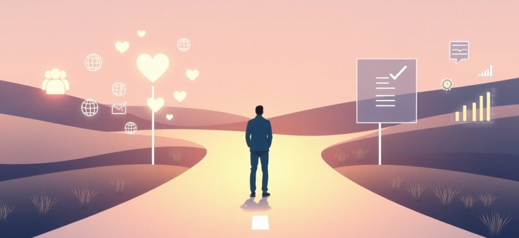 a person standing at a crossroads in a modern, abstract landscape