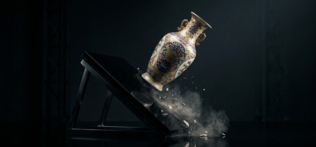 a vase fall from broken desk