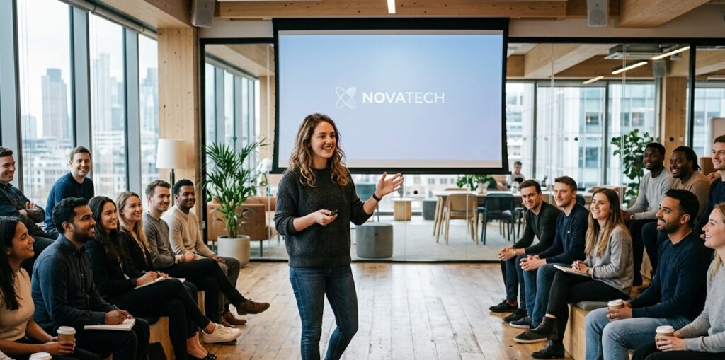 a young, confident female tech founder in casual attire giving a presentation to a diverse group of young employees a young, confident female tech founder in casual attire giving a presentation to a diverse group of young employees
