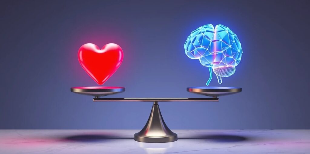artistic 3D render of a balance scale where one side holds a glowing red heart and the other side holds a radiant blue geometric brain