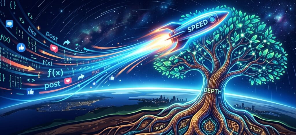 conceptual illustration of a fast-moving, glowing rocket with trails of algorithms and social media icons conceptual illustration of a fast-moving, glowing rocket with trails of algorithms and social media icons