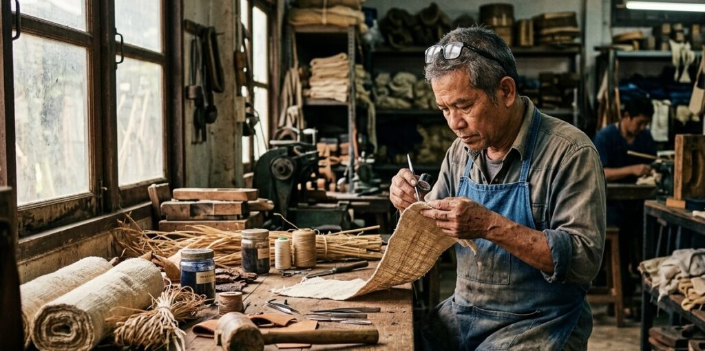 documentary-style photograph of a local premium product workshop, a craftsman meticulously examining eco-friendly materials with tools on a wooden table