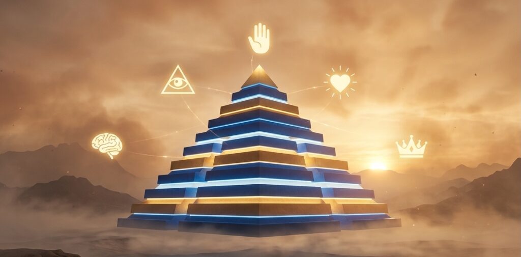 a glowing pyramid of branded layers (blue and gold) stands alone in a misty landscape under an amber dawn sky
