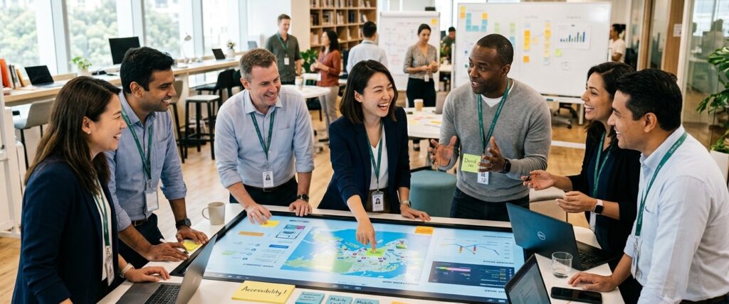 group of diverse professionals and consumers collaborating around a large interactive smart-table in a brightly lit innovation lab