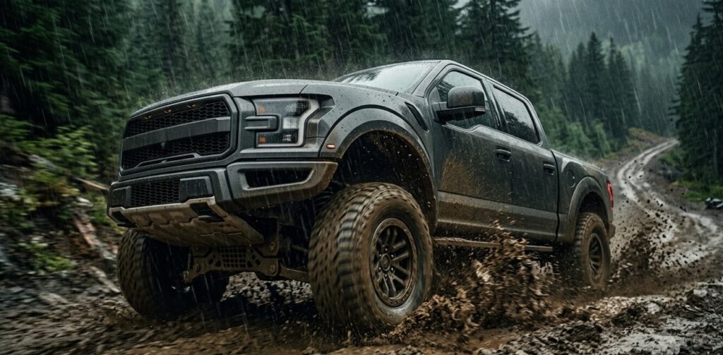 modern pickup truck driving through a challenging mud-covered mountain road during a heavy downpou