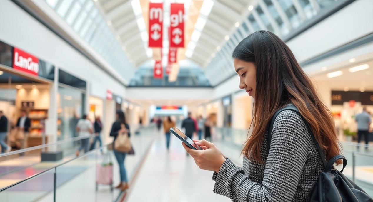 online buying mobile customer in modern shopping mall