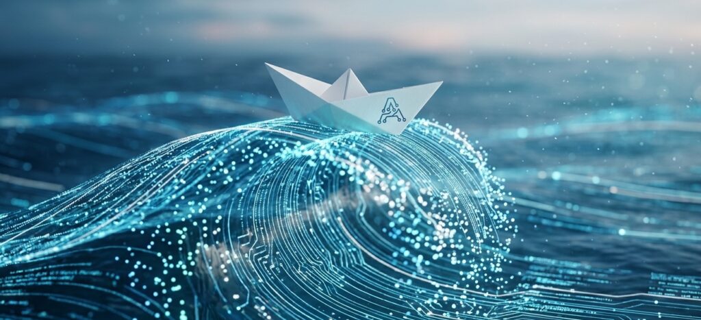 photography of a smooth, continuous, flowing ocean wave made entirely of digital data lines and glowing particles