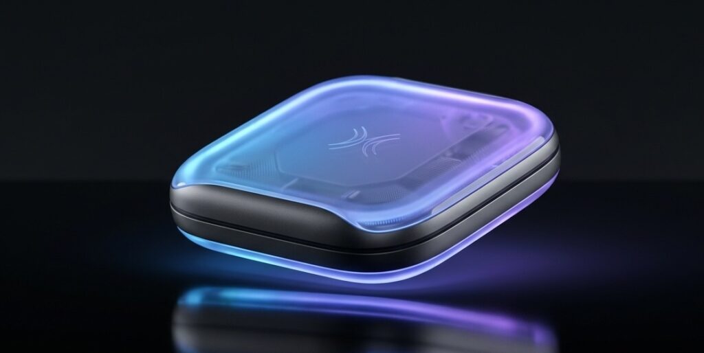 premium tech device hovering slightly above a sleek reflective black surface