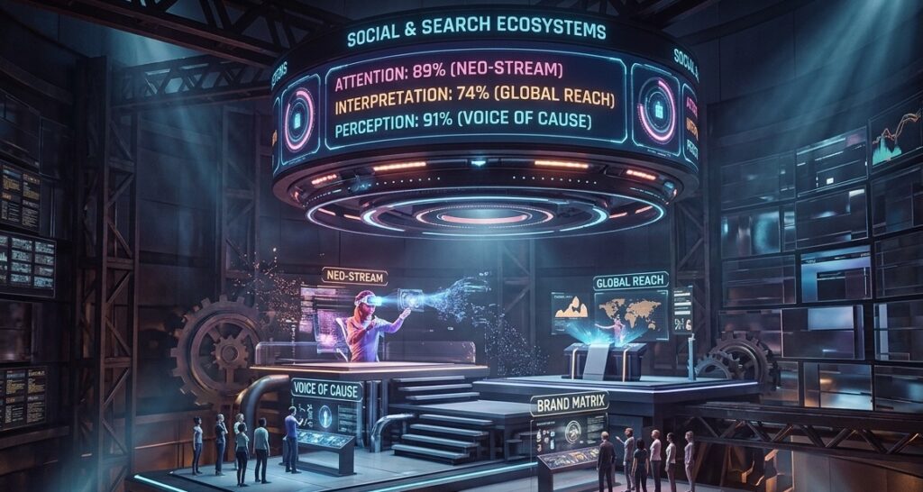 3D conceptual arena where content creators and brands are 'competing' on a multi-level stage 3D conceptual arena where content creators and brands are 'competing' on a multi-level stage