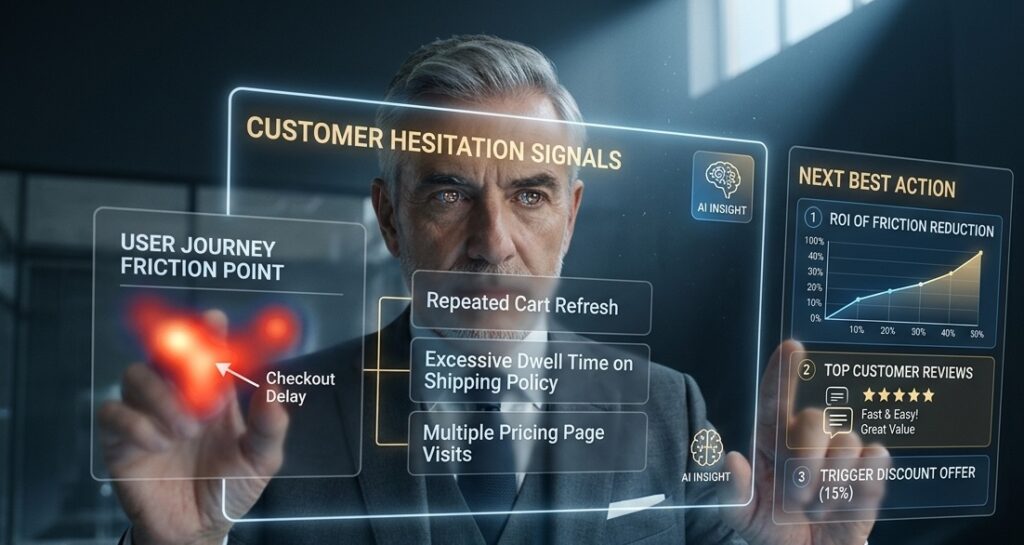 A close-up shot of a modern business professional looking at a floating holographic dashboard analyzing a user journey friction point