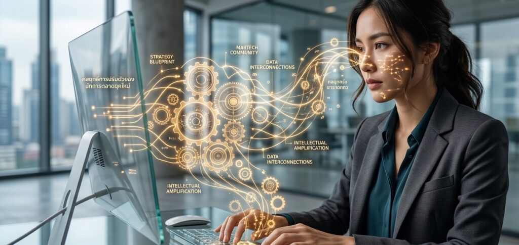 A close-up shot of a modern female marketer working on a sleek transparent glass monitor