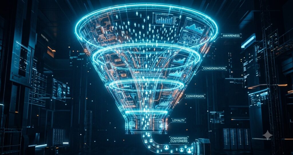 A conceptual 3D rendering of a futuristic marketing funnel made of glowing neon glass structures