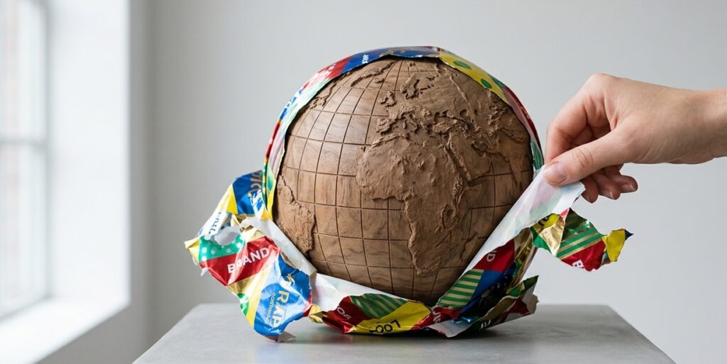 A conceptual art piece featuring a hand carefully peeling back a layers of colorful, glossy commercial wrapping paper from a sphere, revealing a beautifully carved, raw organic wooden globe underneath