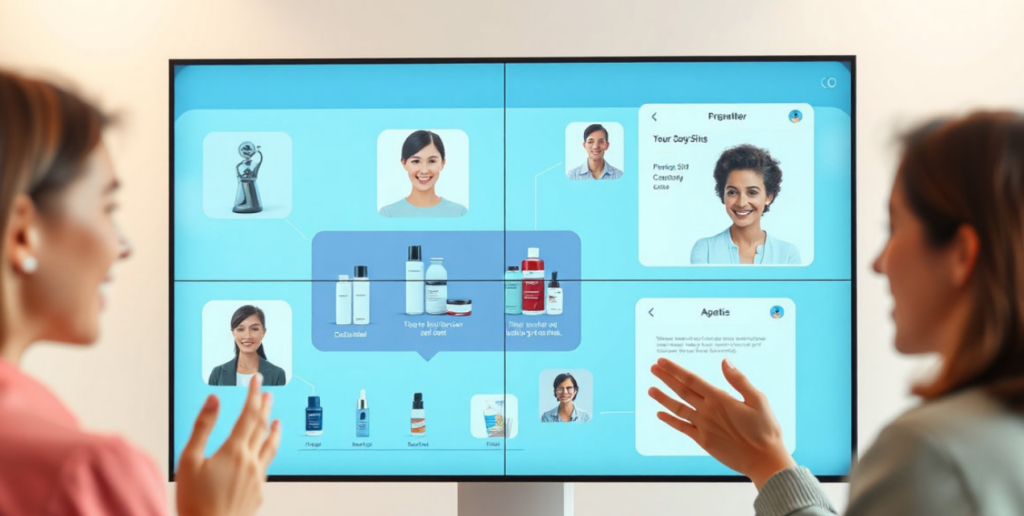 A conceptual split-screen or multi-display showing a smart chatbot interface interacting with diverse users