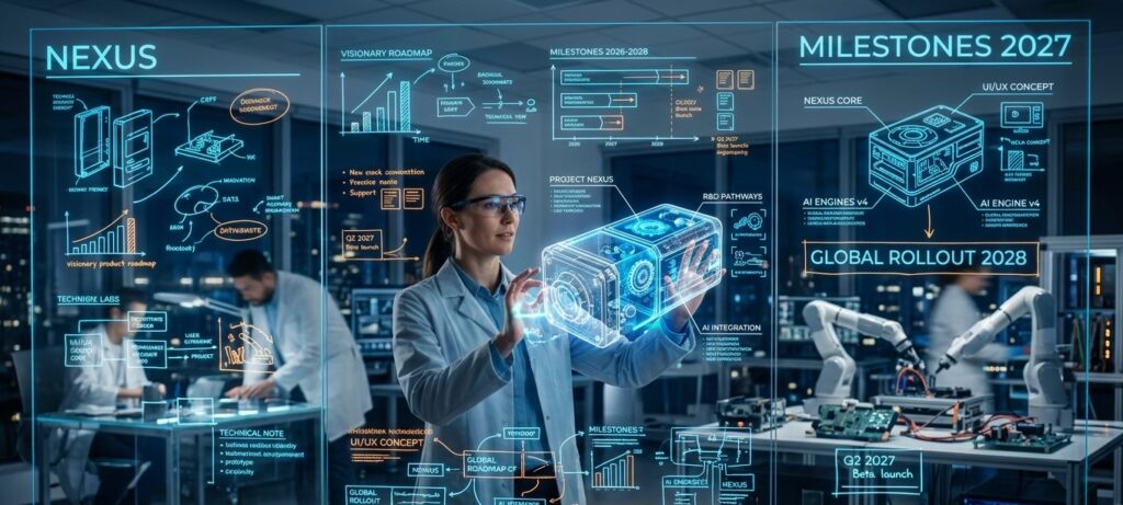 A futuristic R&D lab with transparent glass dry-erase boards filled with glowing, visionary product roadmaps and sketches A futuristic R&D lab with transparent glass dry-erase boards filled with glowing, visionary product roadmaps and sketches
