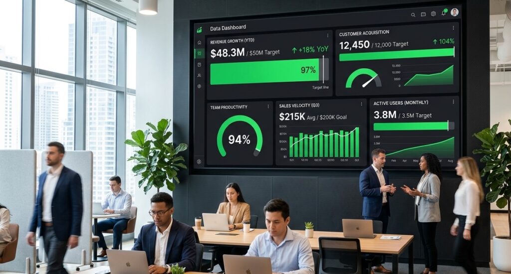 A large, elegant digital dashboard on a modern office wall displaying clear KPI metrics A large, elegant digital dashboard on a modern office wall displaying clear KPI metrics