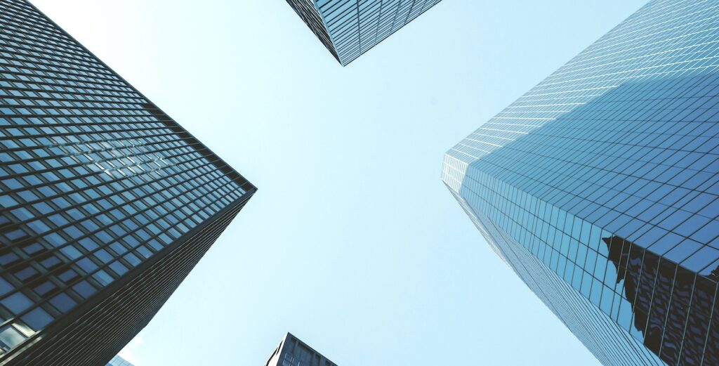 A low-angle view of modern skyscrapers A low-angle view of modern skyscrapers