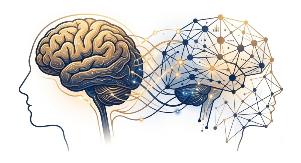 A minimalist illustration of a human brain profile side-by-side with a stylized digital AI network brain A minimalist illustration of a human brain profile side-by-side with a stylized digital AI network brain
