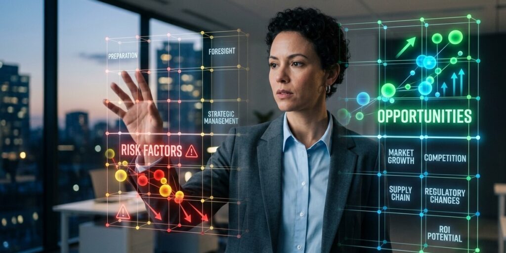 A modern professional analyzing a transparent 3D matrix chart that clearly highlights both opportunities and risk factors with honest clarity A modern professional analyzing a transparent 3D matrix chart that clearly highlights both opportunities and risk factors with honest clarity