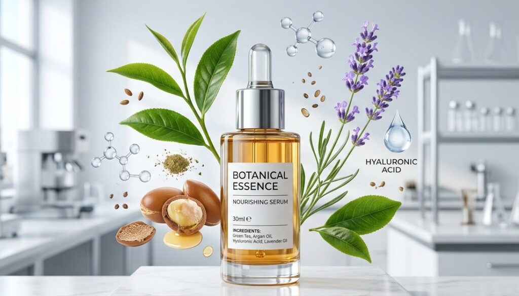 A premium cosmetic or food glass bottle on a clean laboratory pedestal, with its natural ingredients A premium cosmetic or food glass bottle on a clean laboratory pedestal, with its natural ingredients