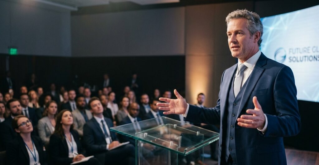 A professional corporate leader standing confidently at a sleek, transparent glass podium, speaking to a captivated audience A professional corporate leader standing confidently at a sleek, transparent glass podium, speaking to a captivated audience