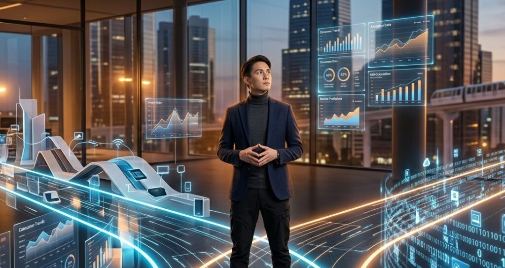 A professional modern marketer standing confidently at a crossroads inside a glowing digital matrix