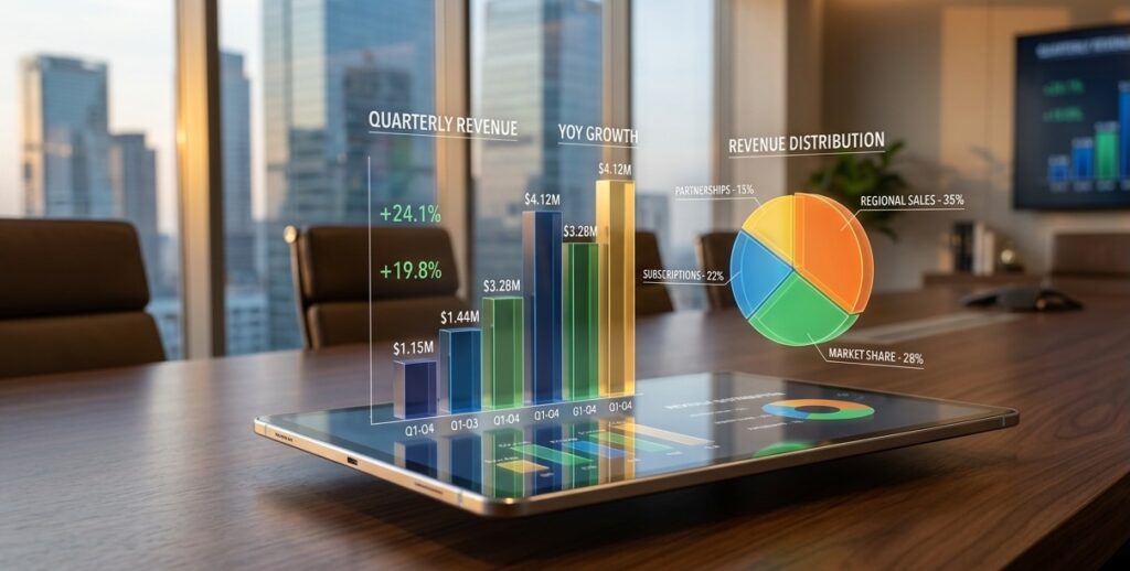 A sleek glass tablet displaying clear, elegant 3D bar graphs and pie charts floating above a modern dark-wood boardroom table A sleek glass tablet displaying clear, elegant 3D bar graphs and pie charts floating above a modern dark-wood boardroom table
