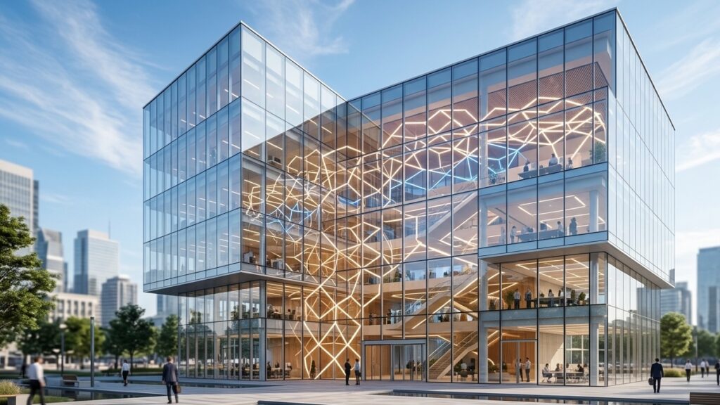 A sleek, modern corporate office building with transparent glass walls, revealing a glowing, structured geometric light lattice inside A sleek, modern corporate office building with transparent glass walls, revealing a glowing, structured geometric light lattice inside