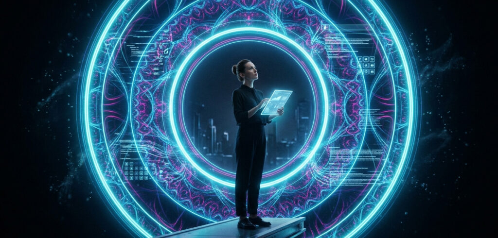 A solitary figure stands before it, holding a luminous tablet, gazing at the portal that controls the path beyond A solitary figure stands before it, holding a luminous tablet, gazing at the portal that controls the path beyond