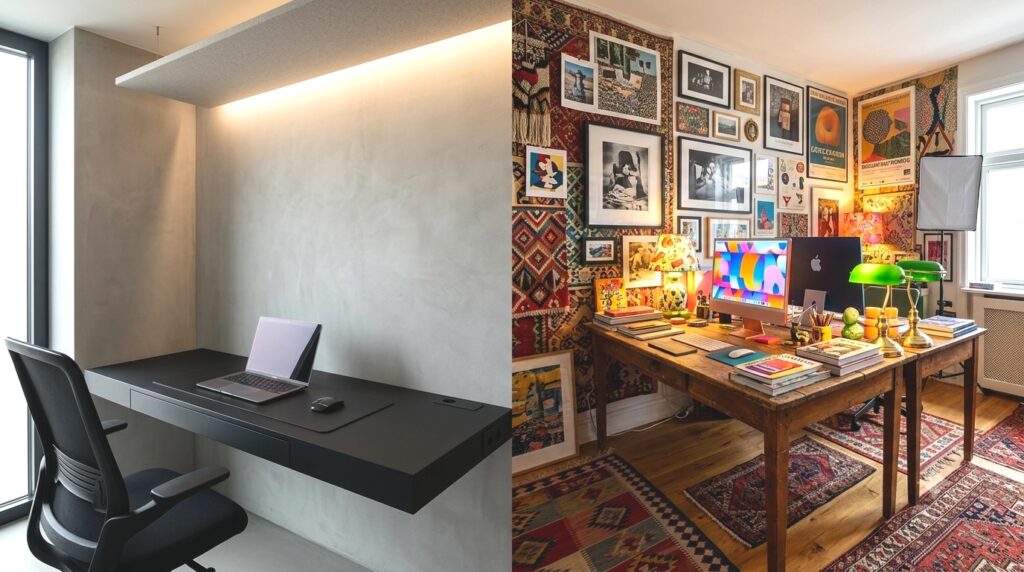 A split-view interior design photography of a creative workspace