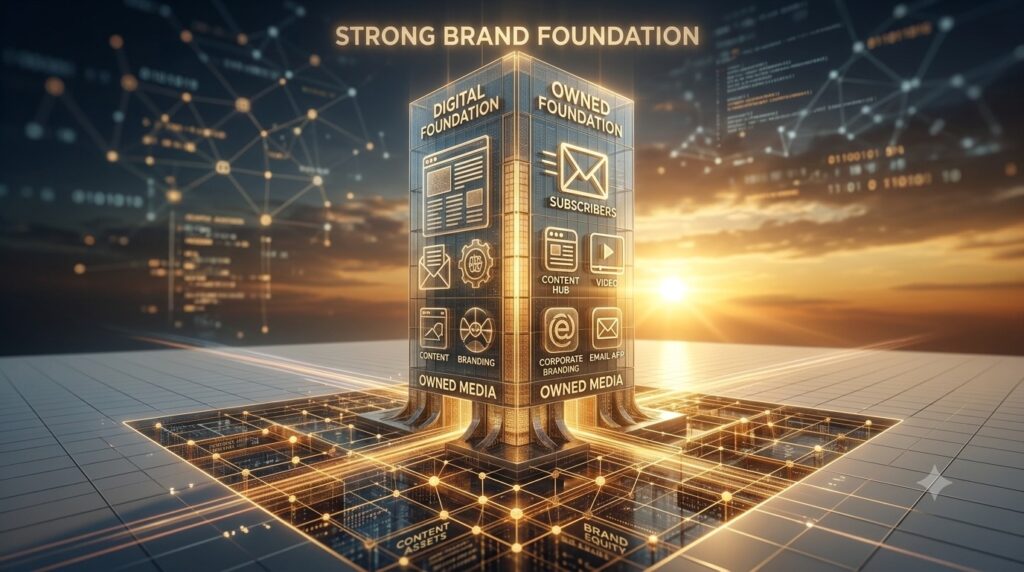 A surreal conceptual artwork representing Owned Media as a Strong Brand Foundation A surreal conceptual artwork representing Owned Media as a Strong Brand Foundation