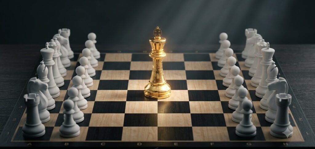 All chess pieces are plain white, except for one King piece in the center which is made of polished, glowing gold with intricate digital circuit patterns on it All chess pieces are plain white, except for one King piece in the center which is made of polished, glowing gold with intricate digital circuit patterns on it