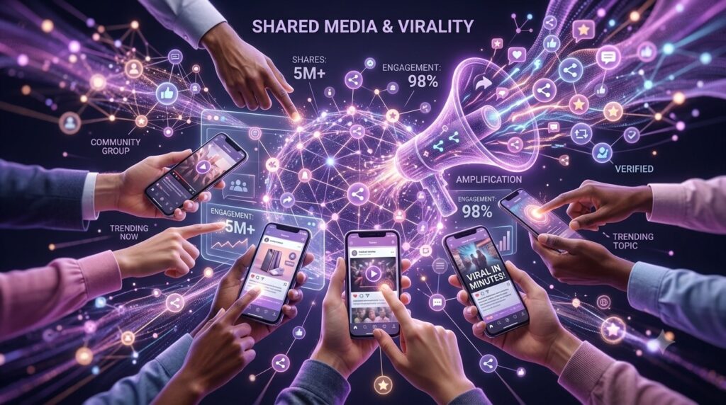 An energetic, vibrant image showing Shared Media & Virality An energetic, vibrant image showing Shared Media & Virality