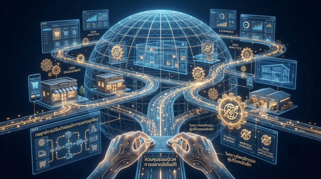 The highway effortlessly connects glowing smartphone screens, offline brick-and-mortar storefronts