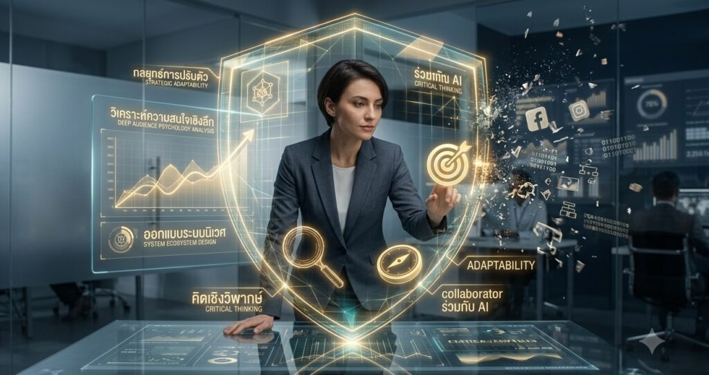 The person stands unfazed while outdated tech symbols and generic algorithms dissolve harmlessly against the shield